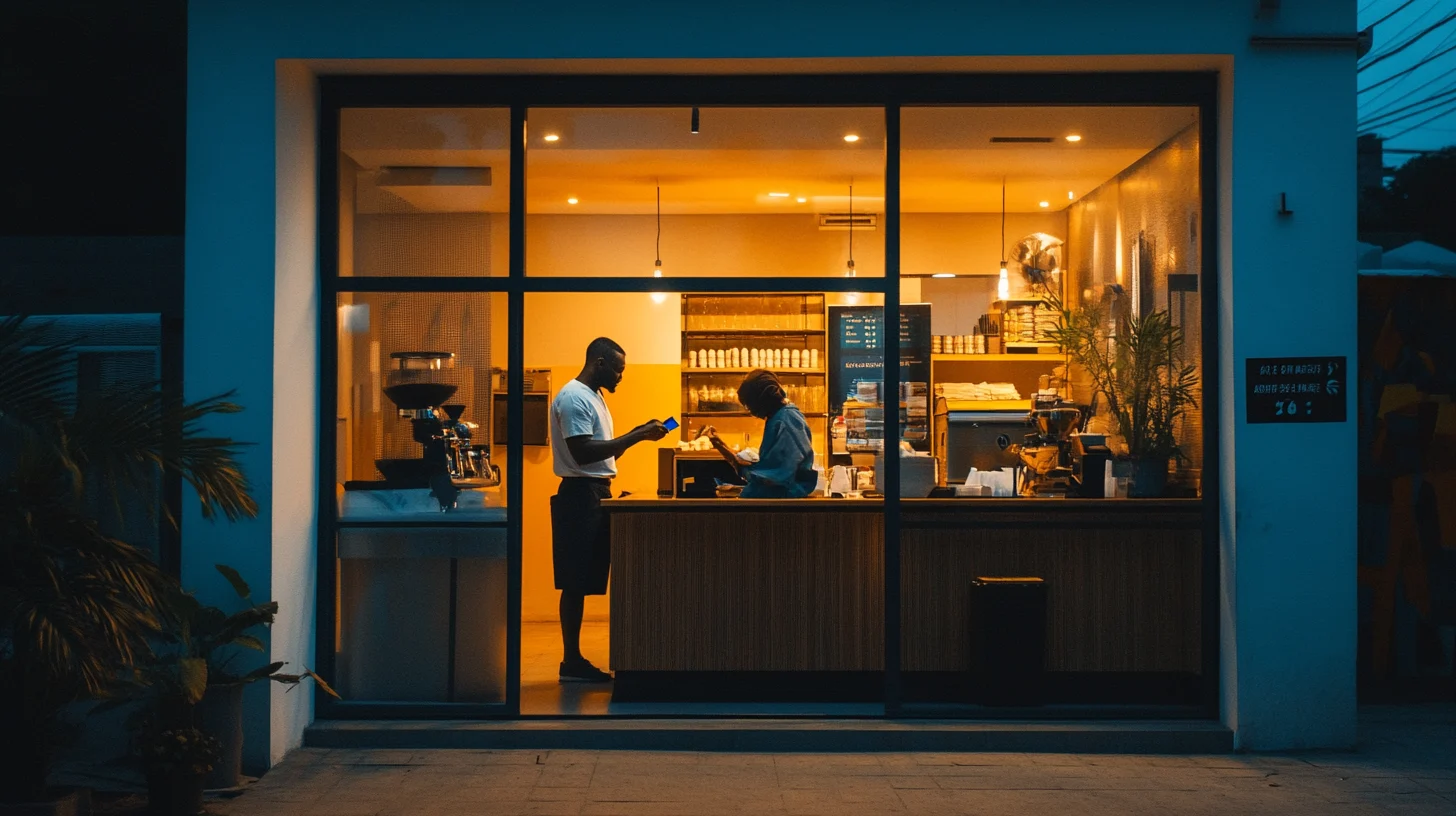 A Lagos restaurant at golden hour — the owner taking a payment at the counter.