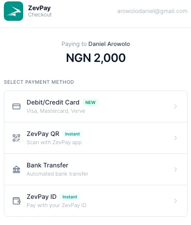 ZevPay Inline checkout - modal opened over a merchant page