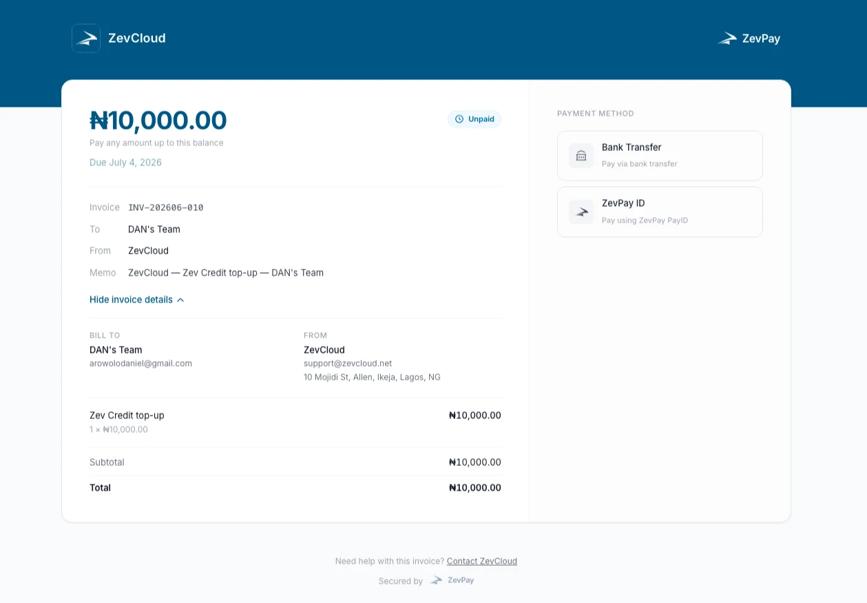 ZevPay Invoice - billable invoice with line items and a hosted payment URL