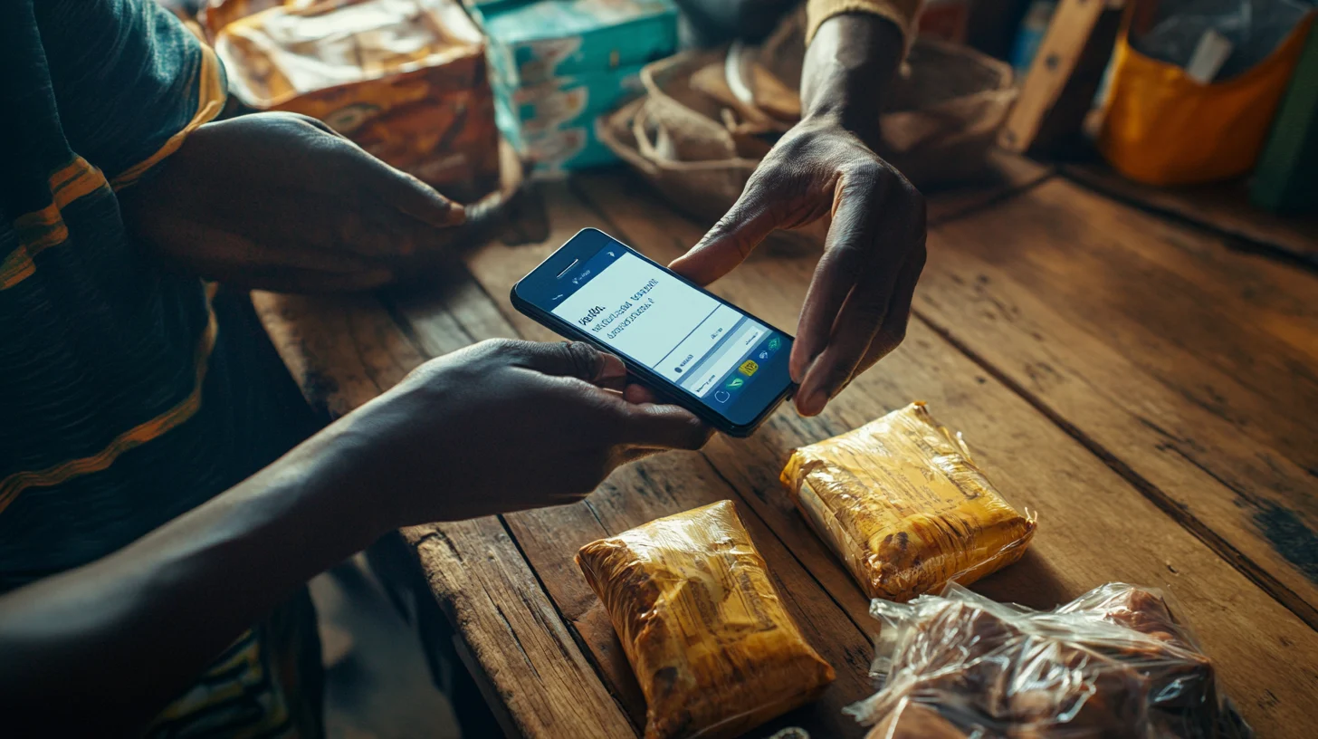 A shop counter in Lagos, where a customer pays by bank transfer.
