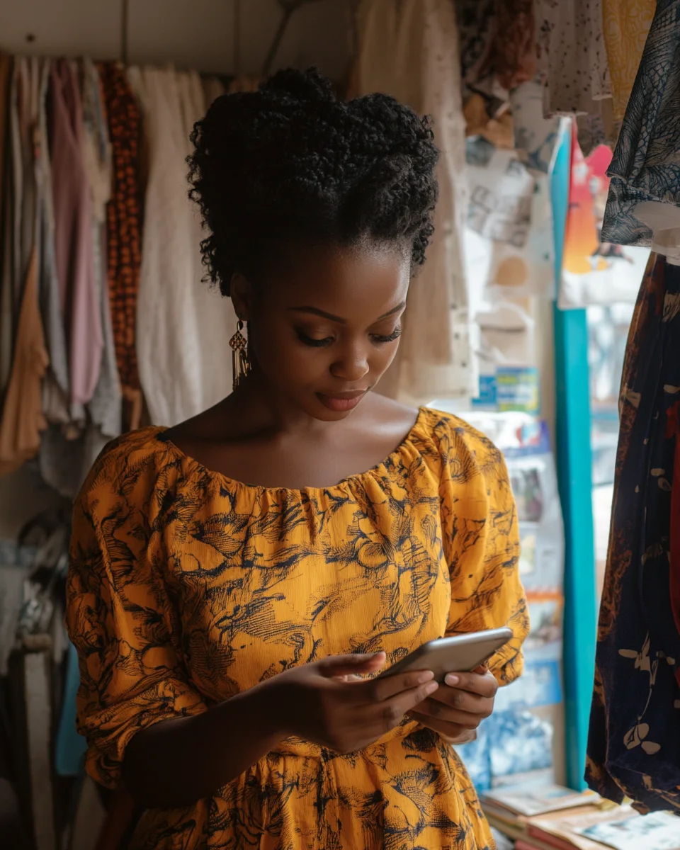 A merchant in her clothing boutique checking a payment notification.